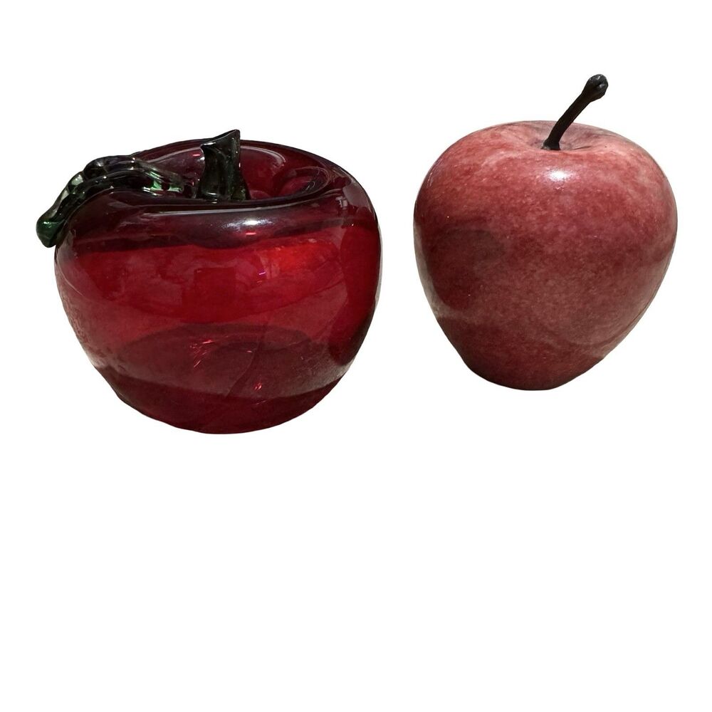 Set Of 2 Art Glass Solid Red Apple Fruit Paperweight‎ Candy Apple Marble Apple